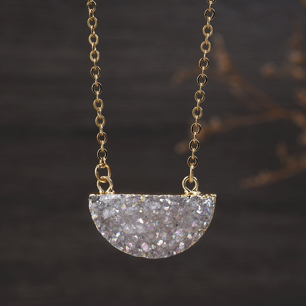 16“ Titanium Agate Druzy Crystal Half Moon Necklace, Natural Drusy Gemstone Jewelry G1722-N