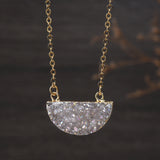 16“ Titanium Agate Druzy Crystal Half Moon Necklace, Natural Drusy Gemstone Jewelry G1722-N