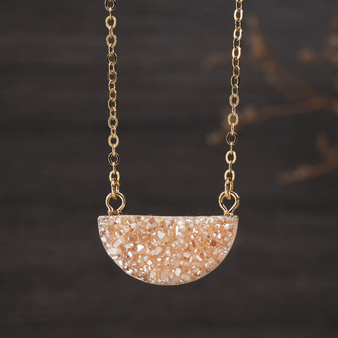 16“ Titanium Agate Druzy Crystal Half Moon Necklace, Natural Drusy Gemstone Jewelry G1722-N