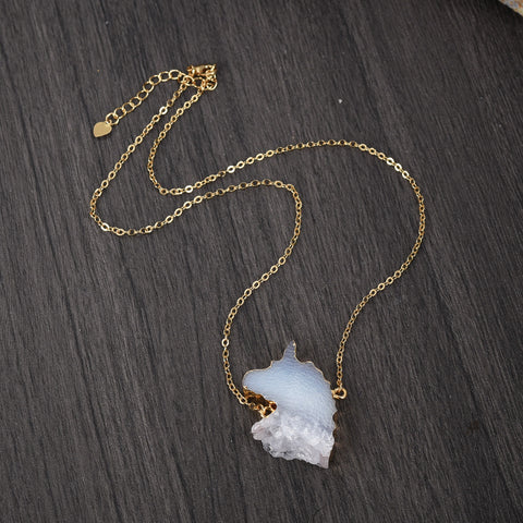 16" Gold Plated Unicorn Natural Agate Druzy Pendant Necklace, Crystal Healing Jewelry G1993-N