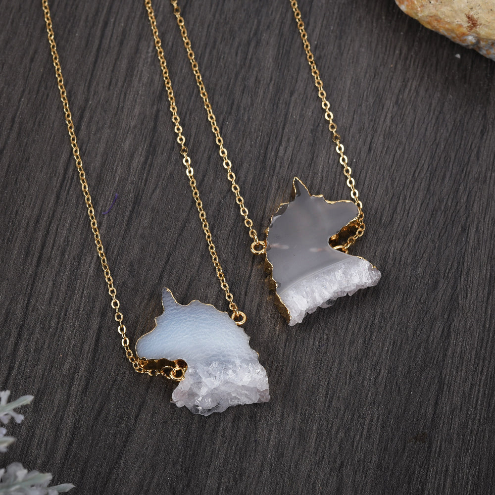 16" Gold Plated Unicorn Natural Agate Druzy Pendant Necklace, Crystal Healing Jewelry G1993-N