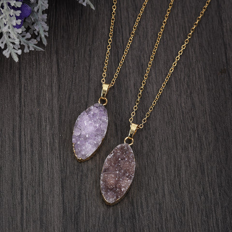 16"Gold Plated Marquise Natural Colors Druzy Agate Pendant Necklace, Raw Crystals Jewelry G2040-N