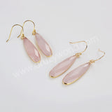 Gold Plated Long Teardrop Rose Quartz Faceted Dangle Earrings, Lady Fashion Jewelry G2046-E
