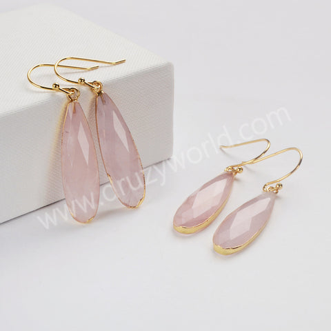 Gold Plated Long Teardrop Rose Quartz Faceted Dangle Earrings, Lady Fashion Jewelry G2046-E
