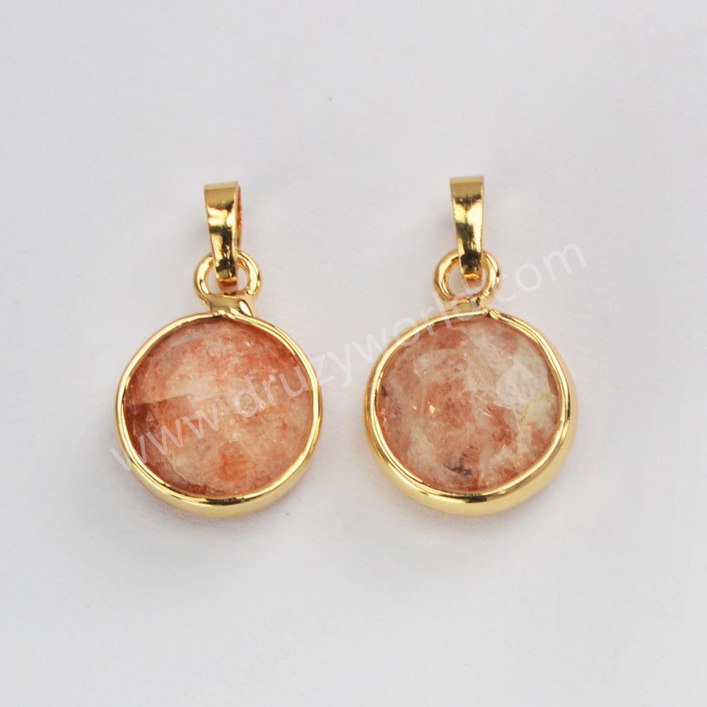 Gold Plated Round Moonstone Amazonite Rhodonite Faceted Gemstone Pendant G2057
