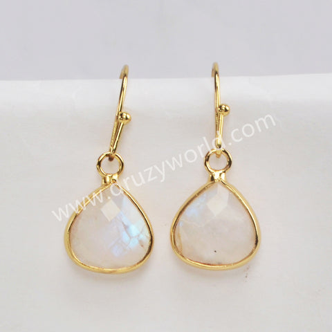 Gold Plated Teardrop Faceted Moonstone Australia Jade Rhodonite Earrings, Fashion Crystal Jewelry G2058