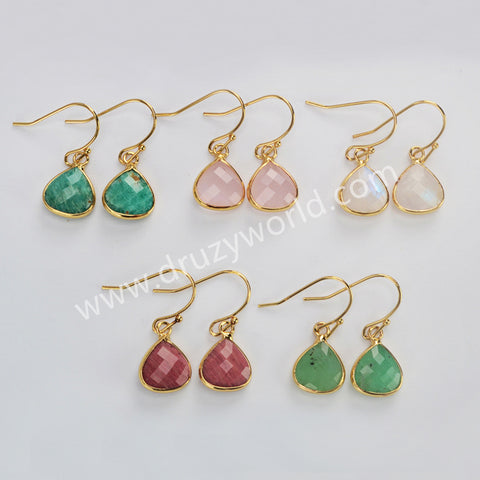 Gold Plated Teardrop Faceted Moonstone Australia Jade Rhodonite Earrings, Fashion Crystal Jewelry G2058