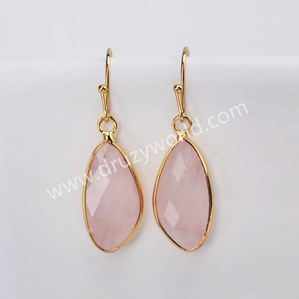 Gold Plated Drop Moonstone Rose Quartz Amazonite Faceted Dangle Earrings G2059