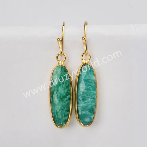 Gold Plated Long Oval Amazonite Moonstone Faceted Crystal Dangle Earrings G2060