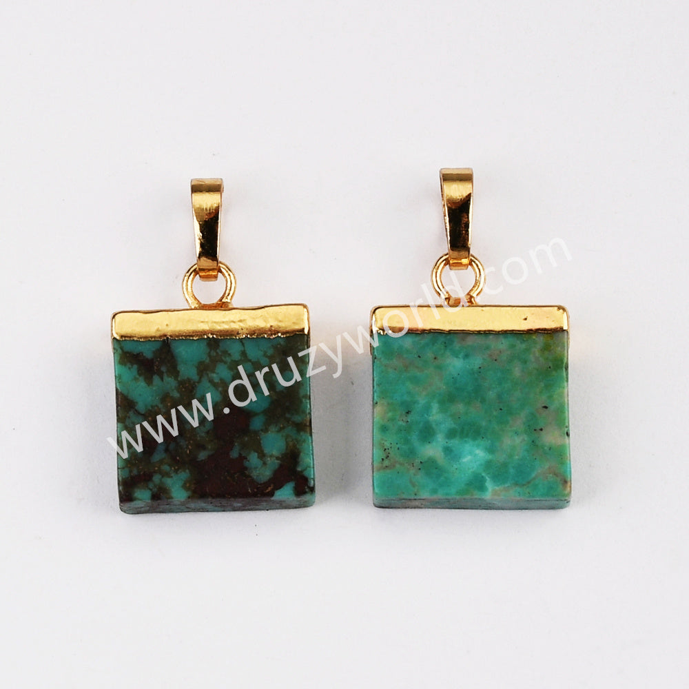 Gold Plated Geometric Natural Pure Turquoise Pendant Bead, For Jewelry Making G2076