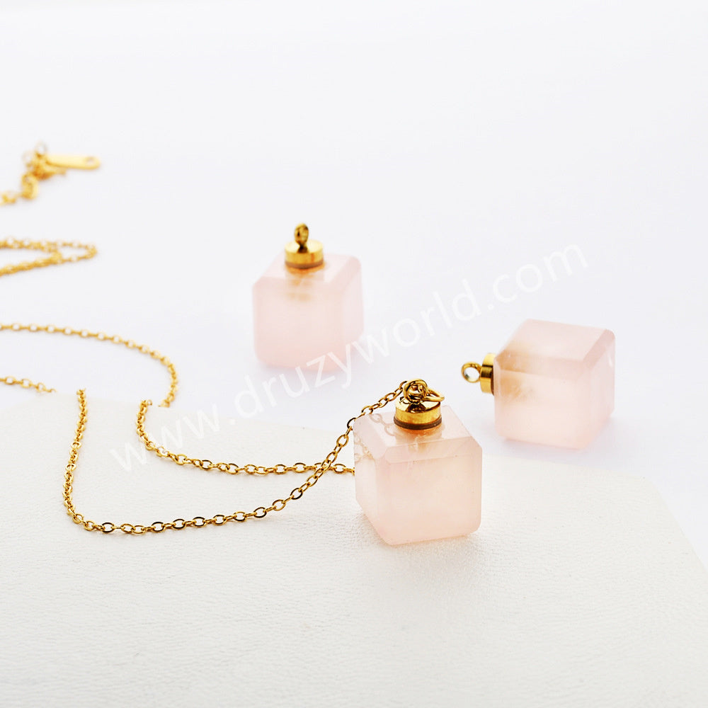 16" Gold Plated Square Green Fluorite Aquamarine Labradorite Crystal Perfume Bottle Necklace G2080-N