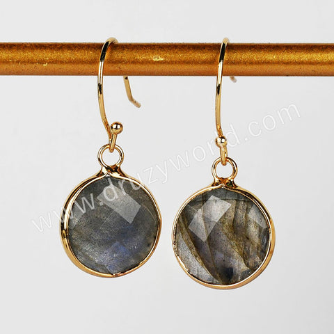 Gold Plated Round Natural Labradorite Faceted Dangle Earrings Healing Jewelry G2084-3