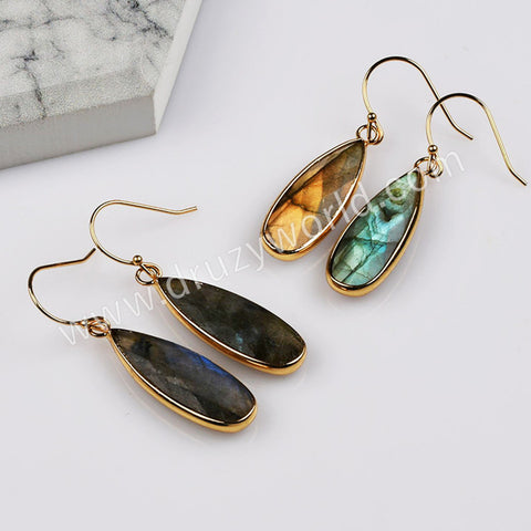 Gold Plated Long Teardrop Natural Labradorite Faceted Earrings, Jewelry For Women G2084-1
