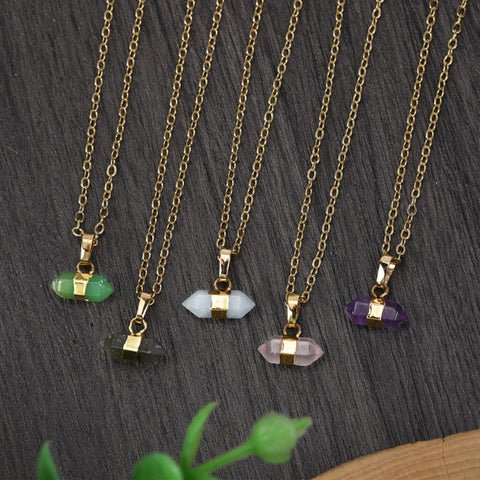 16" Gold Plated Birthstone Natural Stones Necklace, Small Hexagon Point Healing Crystal Gemstone Jewelry G2089-N
