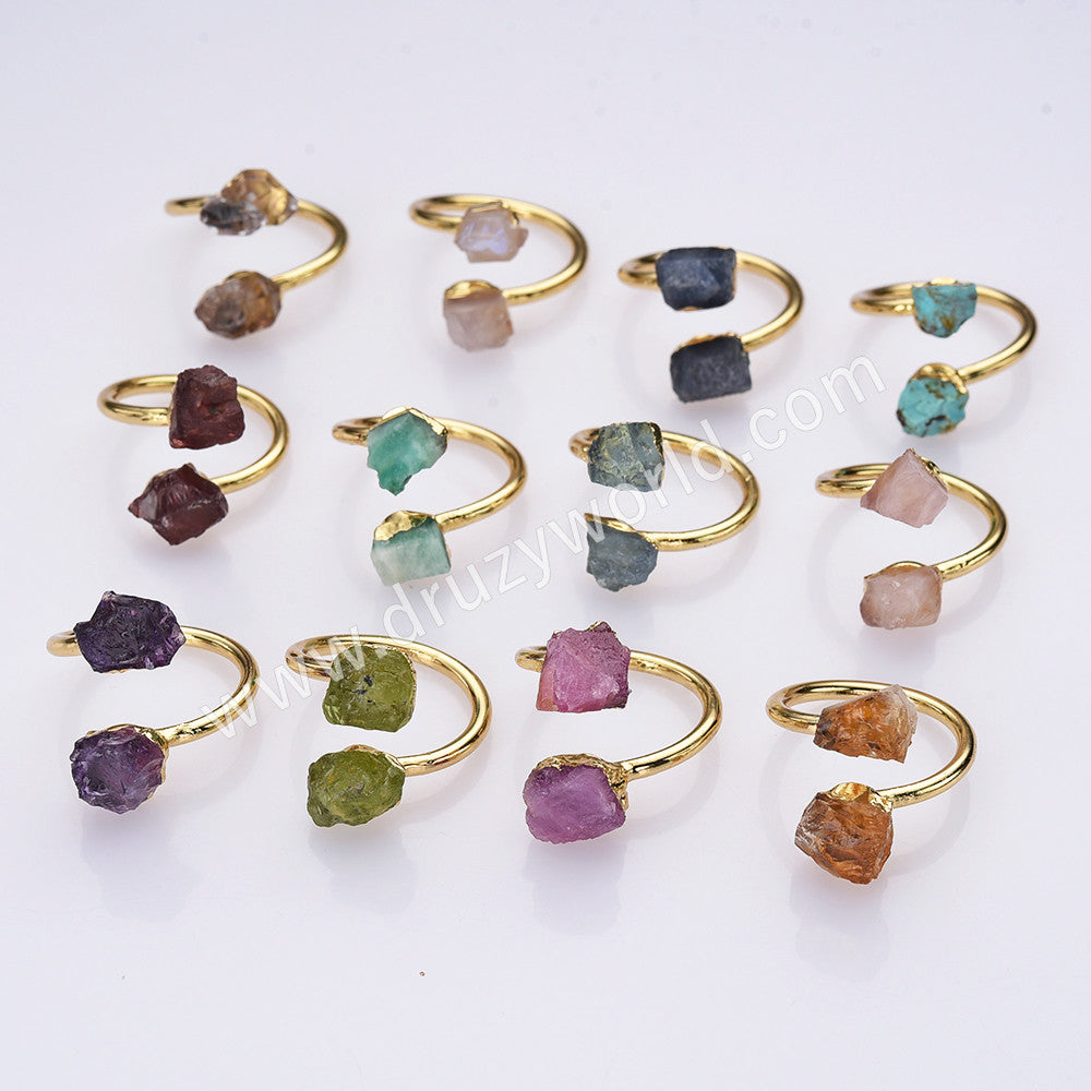 Gold Plated Double Raw Gemstone Ring, Birthstones Ring, Adjustable, Boho Jewelry G2102