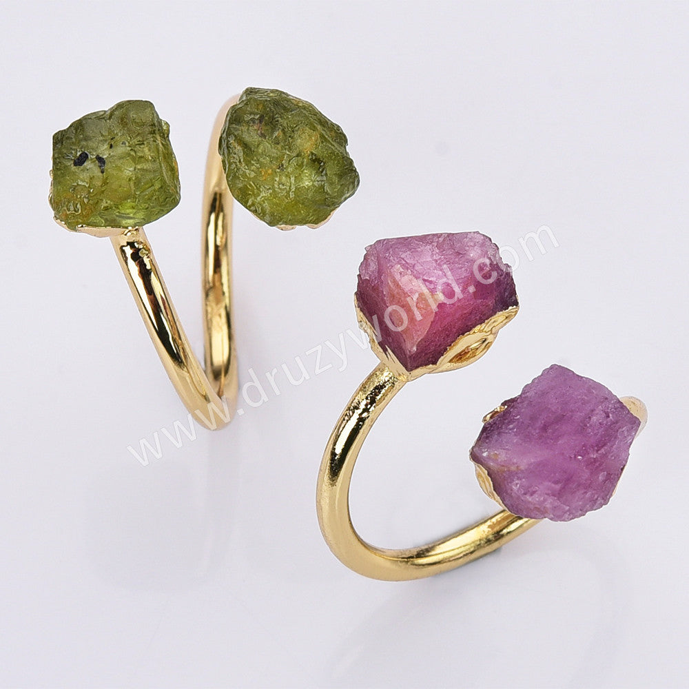 Gold Plated Double Raw Gemstone Ring, Birthstones Ring, Adjustable, Boho Jewelry G2102