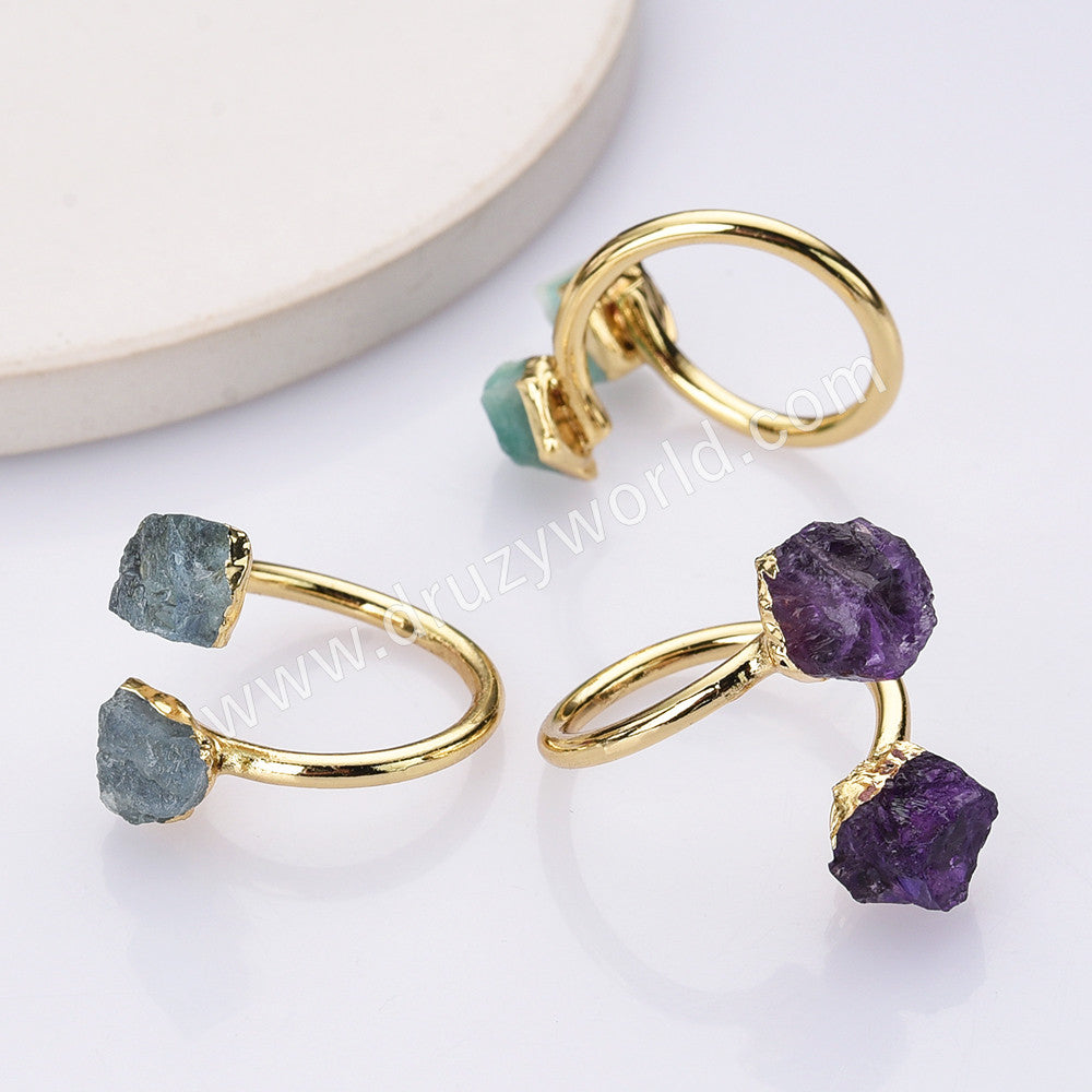 Gold Plated Double Raw Gemstone Ring, Birthstones Ring, Adjustable, Boho Jewelry G2102