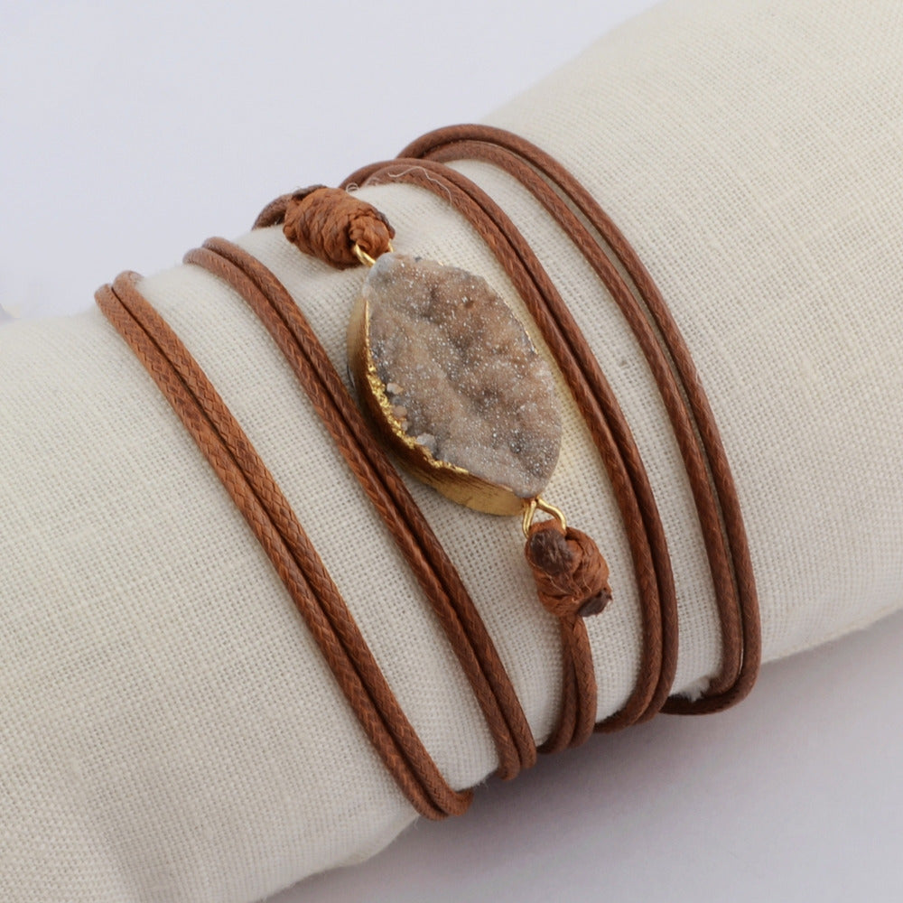 Gold Oval Titanium Galaxy Druzy Stone Leather Layers Bracelet HD0022