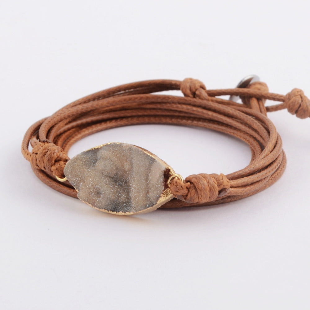 Gold Oval Titanium Galaxy Druzy Stone Leather Layers Bracelet HD0022