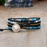 Gold Round Apatite & 4mm Natural Stone Beads 3-Layers Leather Wrap Bracelet, Handmade Boho Jewelry HD0271