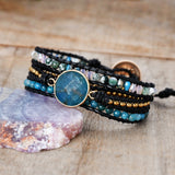 Gold Round Apatite & 4mm Natural Stone Beads 3-Layers Leather Wrap Bracelet, Handmade Boho Jewelry HD0271