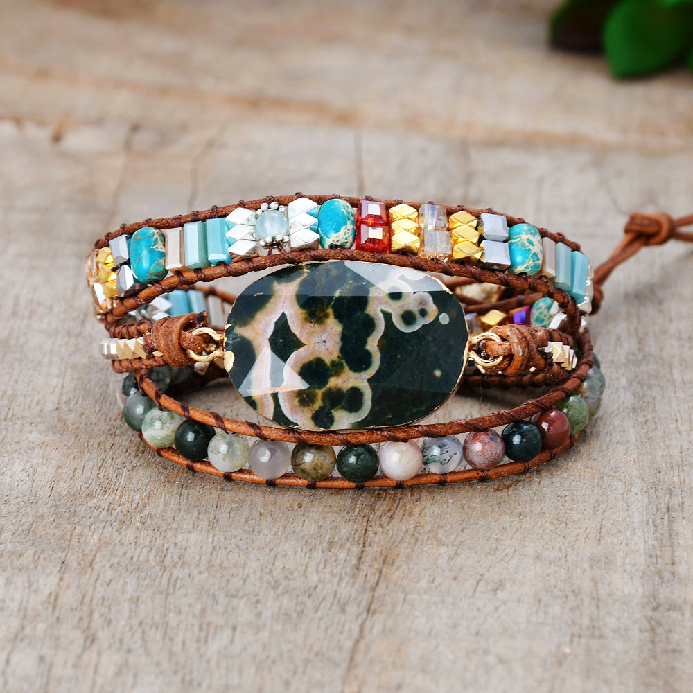 Gold Faceted Ocean Jasper & Indian Agate Stone Beads 3-Layers Leather Wrap  Bracelet, Handmade Boho Jewelry HD0277