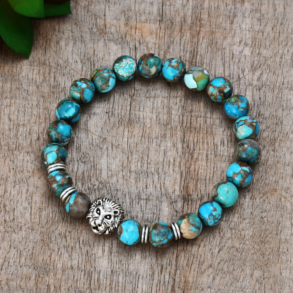 8mm Natural Copper Turquoise Silver Lion Beads Stretch Bracelet HD0303
