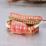 Gold Plated Volcano Cherry Quartz 4mm Multi Stone Beads 5-Layers Leather Wrap Bracelet, Handmade Boho Jewelry HD0317