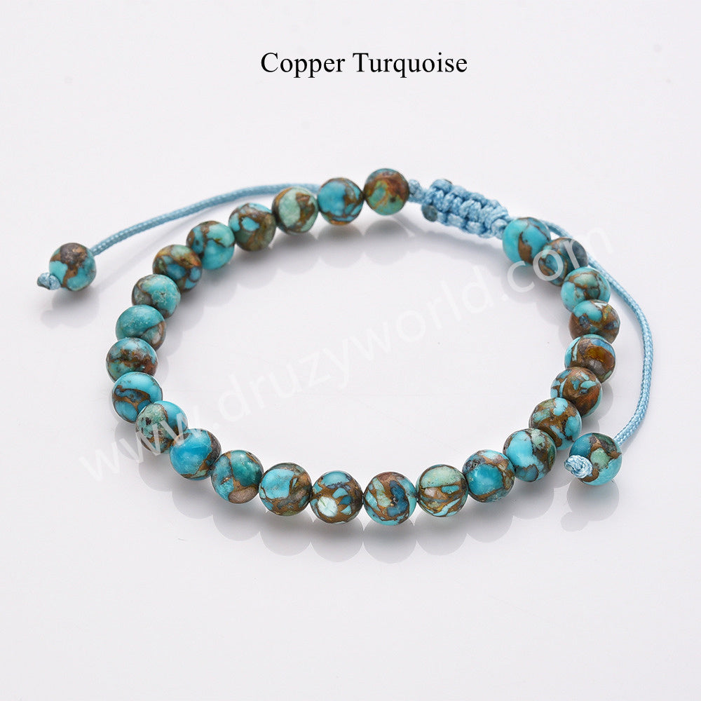 6mm Natural Copper Turquoise Beaded Adjustable Bracelet