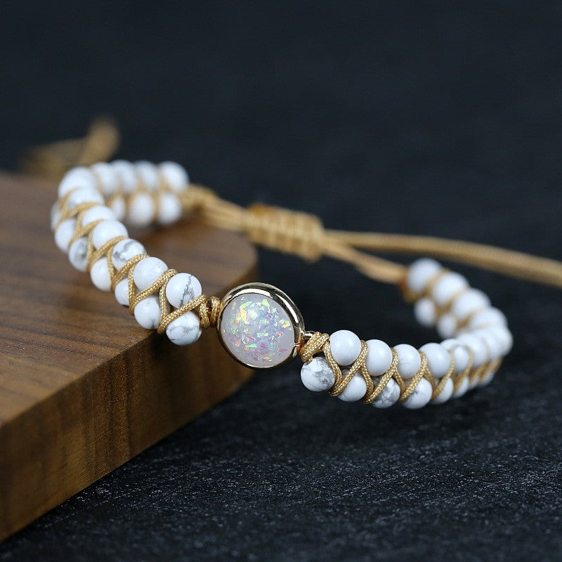 Adjustable Gold White Opal & White Howlite Beaded Wrap Bracelet, Handmade Boho Jewelry HD0390