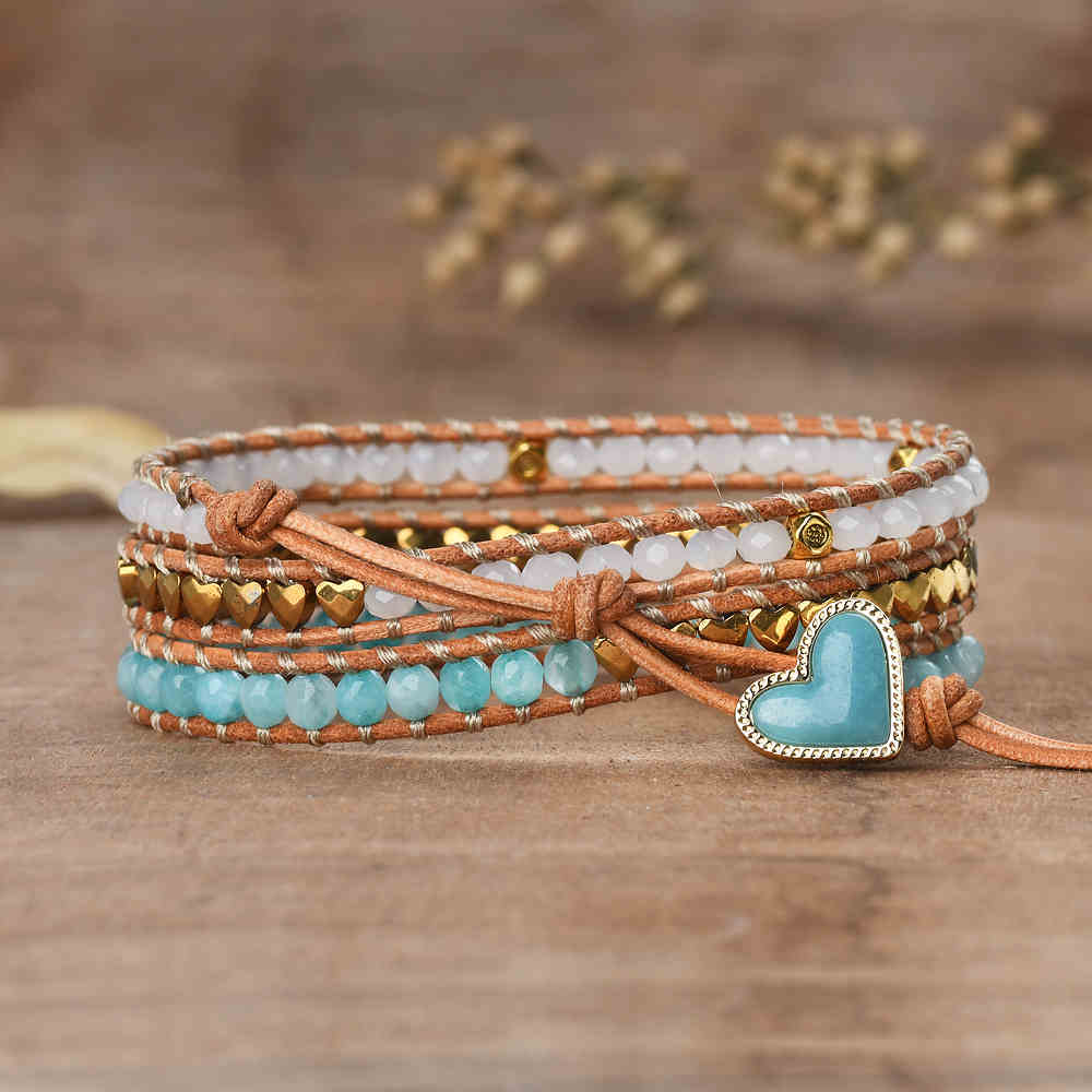 Gold Multi Gemstone Heart 4mm Mixed Stone Beaded Leather Wrap Bracelet, Handmade Boho Jewelry HD0391