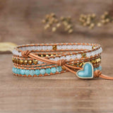 Gold Amazonite Rhodonite Pearl Heart 4mm Mixed Stone Beaded Leather Wrap Bracelet, Handmade Boho Jewelry HD0391