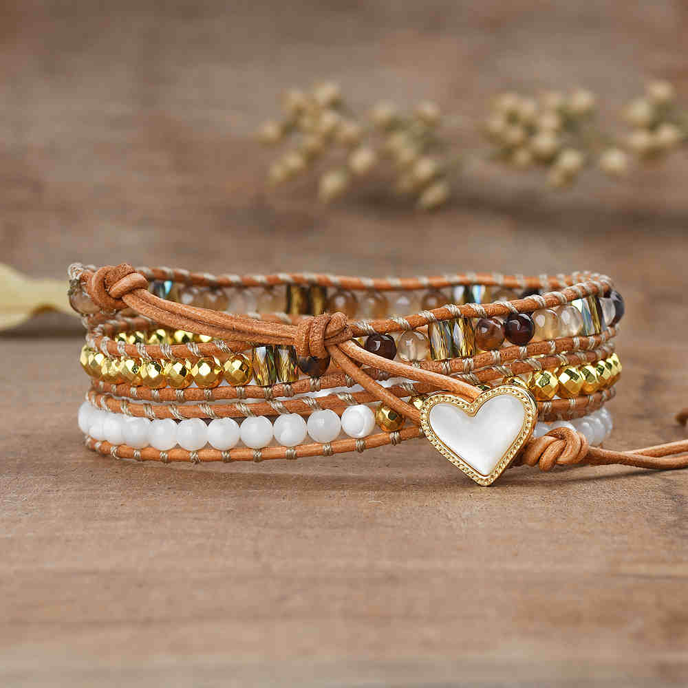 Gold Multi Gemstone Heart 4mm Mixed Stone Beaded Leather Wrap Bracelet, Handmade Boho Jewelry HD0391