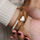 Gold Amazonite Rhodonite Pearl Heart 4mm Mixed Stone Beaded Leather Wrap Bracelet, Handmade Boho Jewelry HD0391