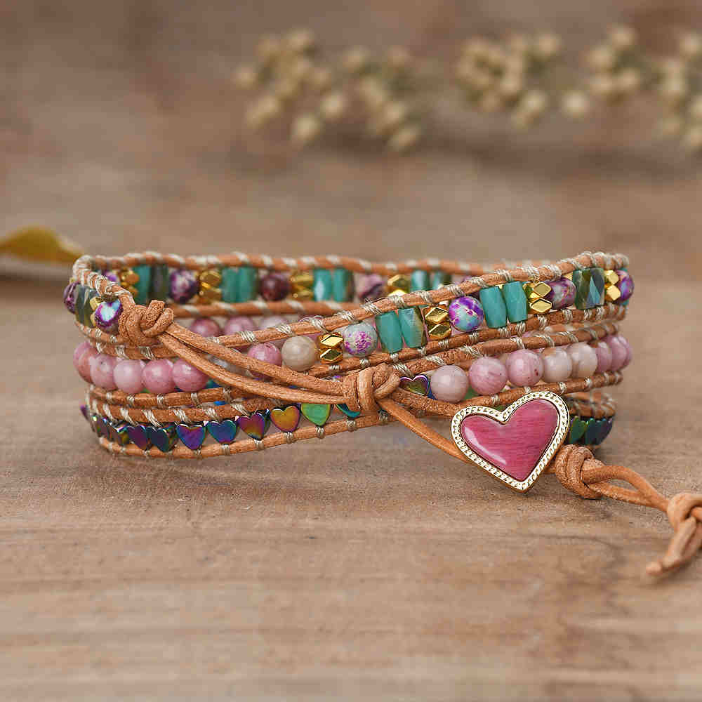 Gold Multi Gemstone Heart 4mm Mixed Stone Beaded Leather Wrap Bracelet, Handmade Boho Jewelry HD0391