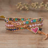 Gold Amazonite Rhodonite Pearl Heart 4mm Mixed Stone Beaded Leather Wrap Bracelet, Handmade Boho Jewelry HD0391