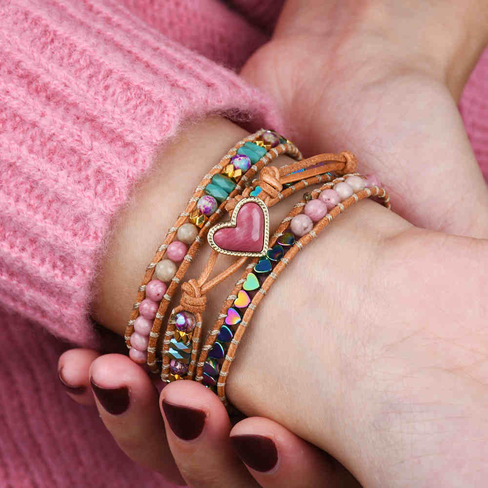 Gold Multi Gemstone Heart 4mm Mixed Stone Beaded Leather Wrap Bracelet, Handmade Boho Jewelry HD0391