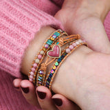 Gold Amazonite Rhodonite Pearl Heart 4mm Mixed Stone Beaded Leather Wrap Bracelet, Handmade Boho Jewelry HD0391