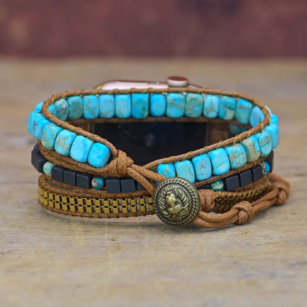 Aqua Blue Imperial Jasper Natural Stone Beads Watch Strap, 3-Layers Leather Wrap Bracelet, iwatch Bands, Bracelet for Apple Watch HD0422-2