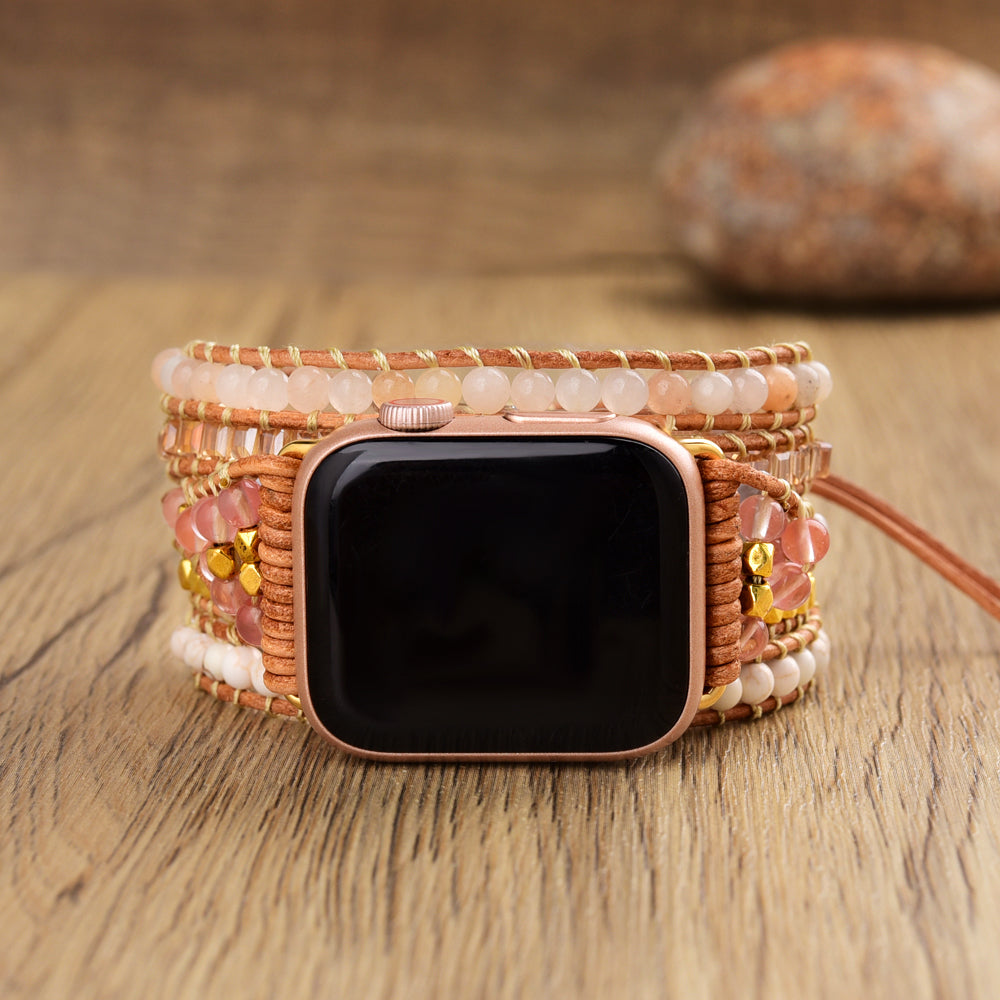 Rose Quartz White Howlite 4mm Gemstone Beaded Watch Strap, 5-Layers Leather Wrap Bracelet, iwatch Bands, Bracelet for Apple Watch HD0423