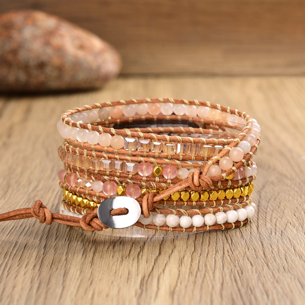Rose Quartz White Howlite 4mm Gemstone Beaded Watch Strap, 5-Layers Leather Wrap Bracelet, iwatch Bands, Bracelet for Apple Watch HD0423