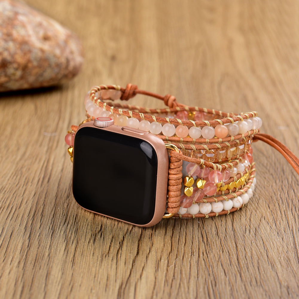 Rose Quartz White Howlite 4mm Gemstone Beaded Watch Strap, 5-Layers Leather Wrap Bracelet, iwatch Bands, Bracelet for Apple Watch HD0423