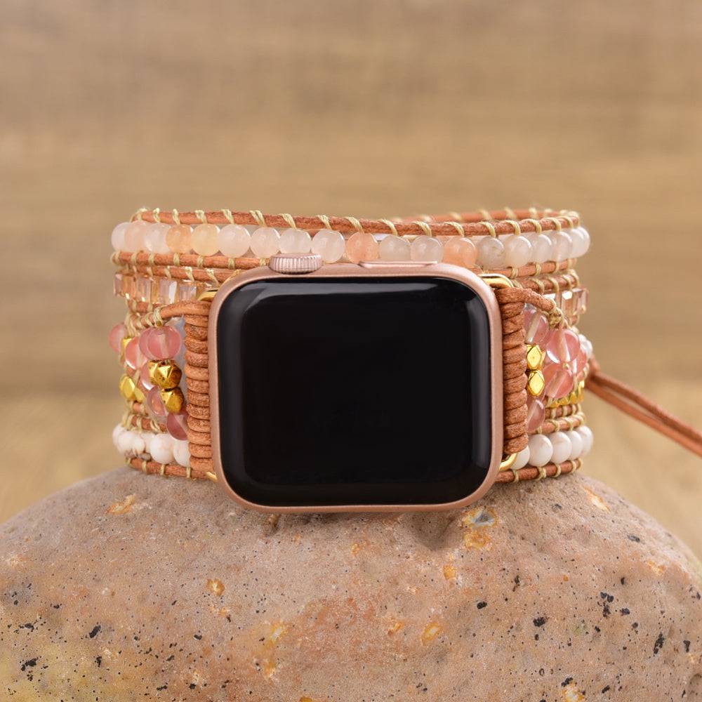 Rose Quartz White Howlite 4mm Gemstone Beaded Watch Strap, 5-Layers Leather Wrap Bracelet, iwatch Bands, Bracelet for Apple Watch HD0423