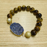 Gold Blue/Black Titanium Druzy & 10mm Tiger's Eye Beads Stretch Bracelet, Handmade Boho Jewelry AL677