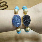Gold Blue/Black Titanium Druzy & 10mm Blue Howlite Turquoise Beads Stretch Bracelet, Handmade Boho Jewelry AL678