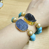 Gold Blue/Black Titanium Druzy & 10mm Blue Howlite Turquoise Beads Stretch Bracelet, Handmade Boho Jewelry AL678