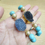 Gold Blue/Black Titanium Druzy & 10mm Blue Howlite Turquoise Beads Stretch Bracelet, Handmade Boho Jewelry AL678