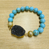 Gold Blue/Black Titanium Druzy & 10mm Blue Howlite Turquoise Beads Stretch Bracelet, Handmade Boho Jewelry AL678