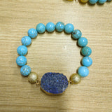 Gold Blue/Black Titanium Druzy & 10mm Blue Howlite Turquoise Beads Stretch Bracelet, Handmade Boho Jewelry AL678