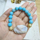 Gold Titanium AB White Galaxy Druzy Quartz Stretch Bracelet, 10mm Blue Howlite Beads Bracelet, Boho Jewelry AL716
